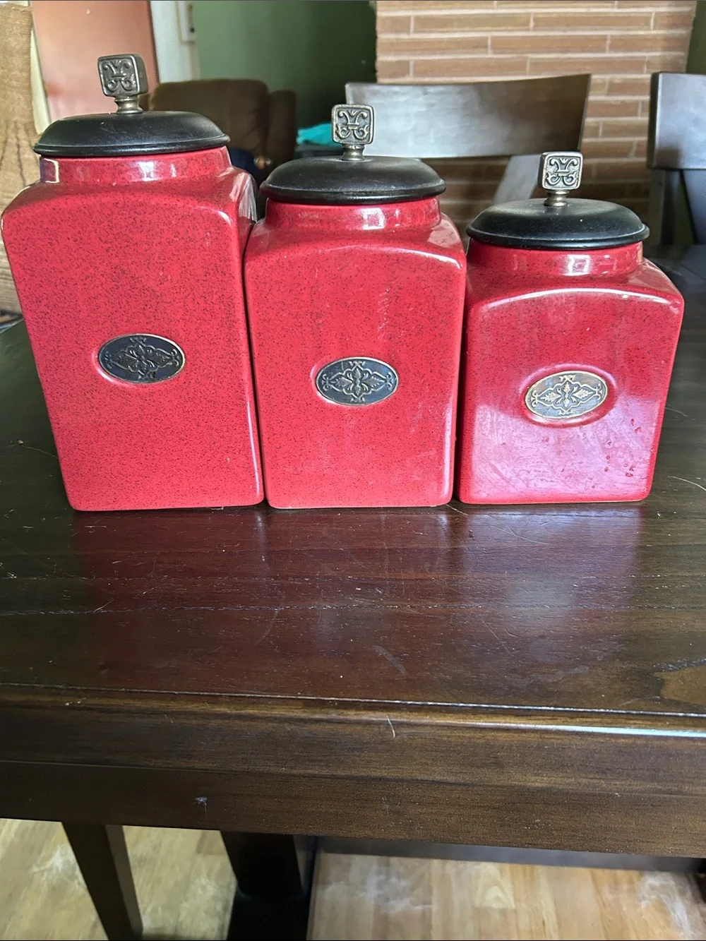 Red Ceramic Kitchen Canister Set with Metal Accents - 3 Piece